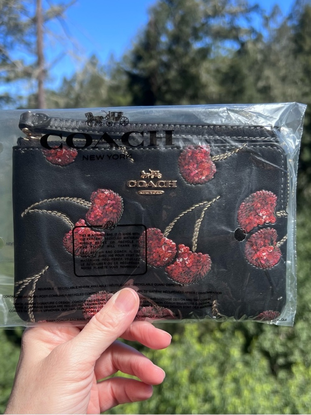COACH Corner Zip Wristlet With Sequin Cherry Print CDF05 NWT AUTHENTIC